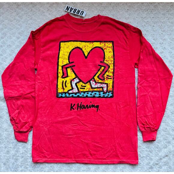 Urban Outfitters Unisex Keith Haring Red Running Heart Long Sleeve T Shirt M NEW - Picture 2 of 7
